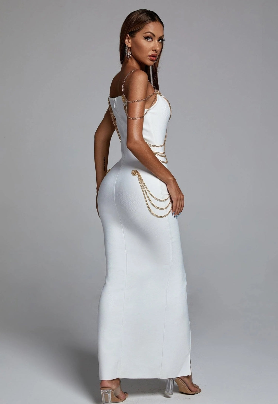 metal embellishment maxi dress Metal Embellished One-Shoulder Maxi in Gold
